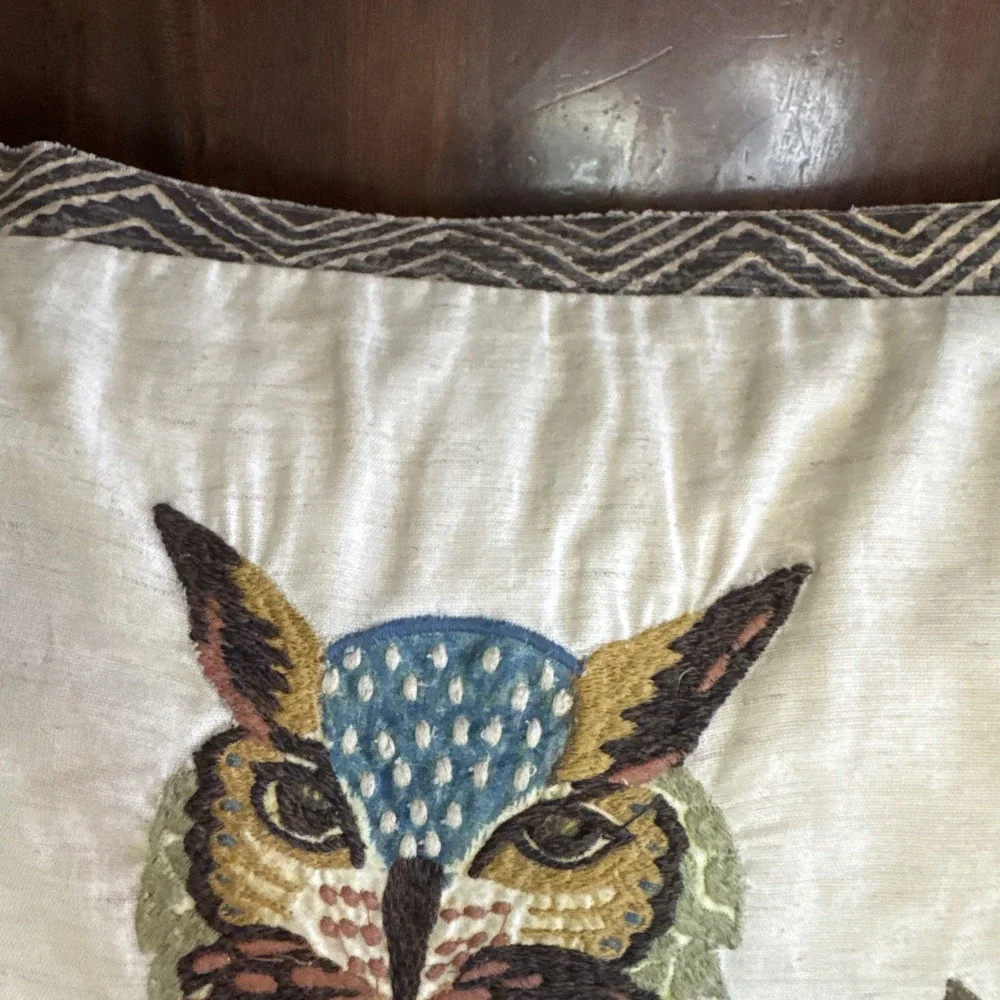 Pottery Barn Throw Pillow Owl Bird Embroidered‎ Appliqué Feather Insert Cover
